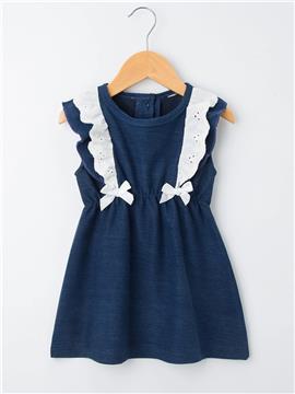 Baby Girl Contrast Schiffy Ruffle Bow Detail Denim Dress