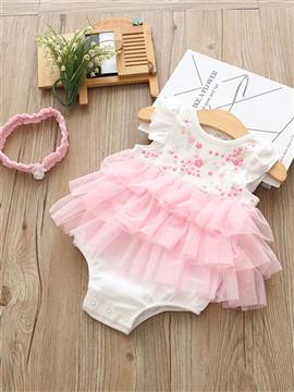 Baby Girl Embroidered Tiered-Mesh Overlay Bodysuit With Headband