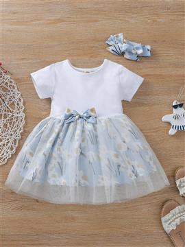 Baby Girl Floral Bow Mesh Panel Dress With Headband