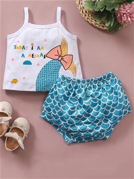 Cute Cartoon Print Sling Top And Shorts Set